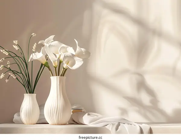 White Calla Lilies in Vases with a White Fabric on a Table