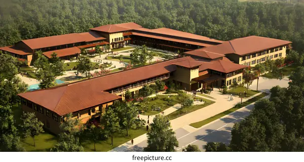 Aerial View of a Modern School Campus with Buildings and Trees