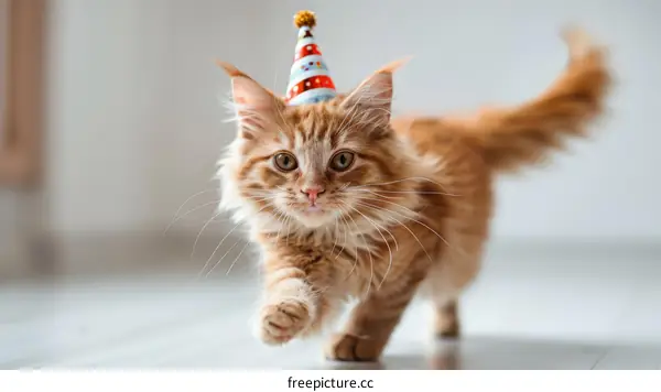 A ginger kitten wearing a party hat