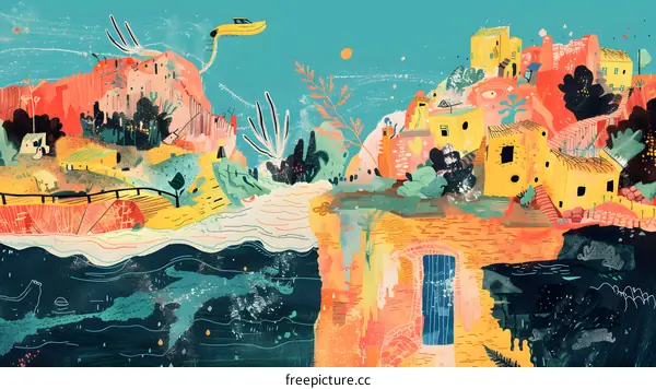 Abstract Colorful Village Landscape with a Flying Yellow Car