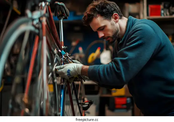 Man Repairing Vintage Bicycle in Workshop