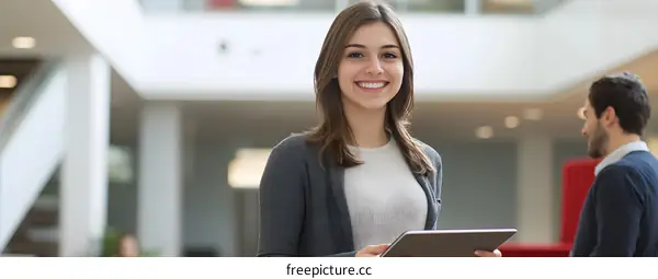 Smiling Businesswoman Holding Tablet In Modern Office