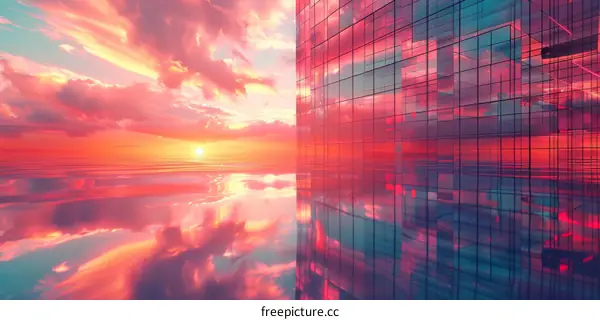 Modern Skyscraper Reflecting Sunset over the Ocean