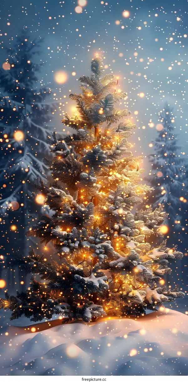 Christmas tree shining in the snow