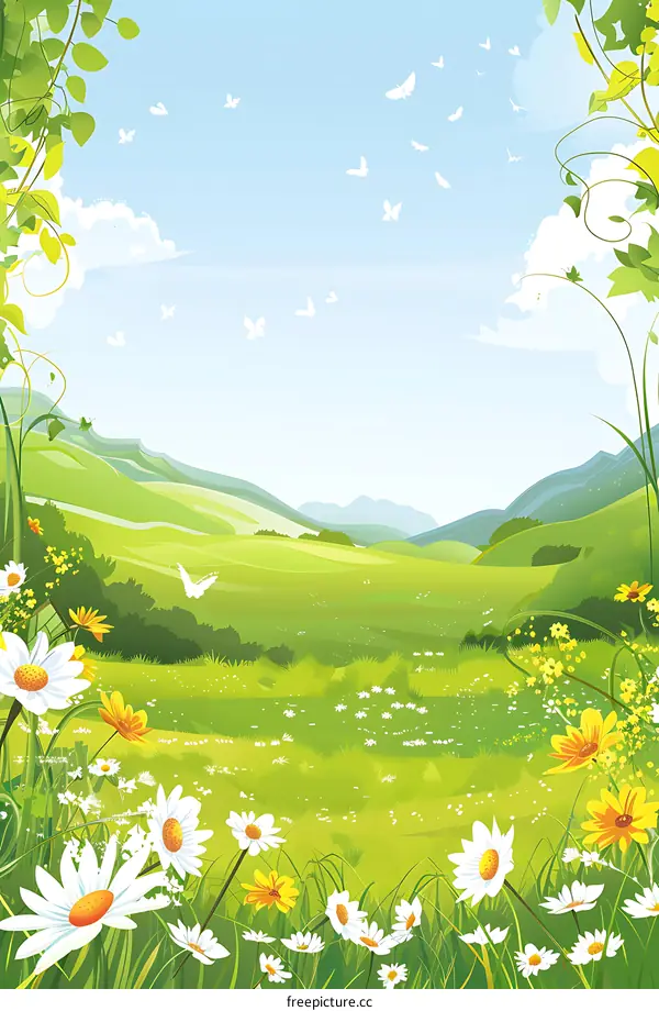 Beautiful Spring Meadow Landscape With Green Grass, Flowers, And Butterflies