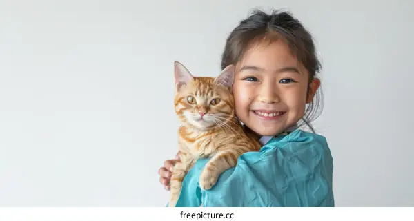 little girl hugging an orange cat
