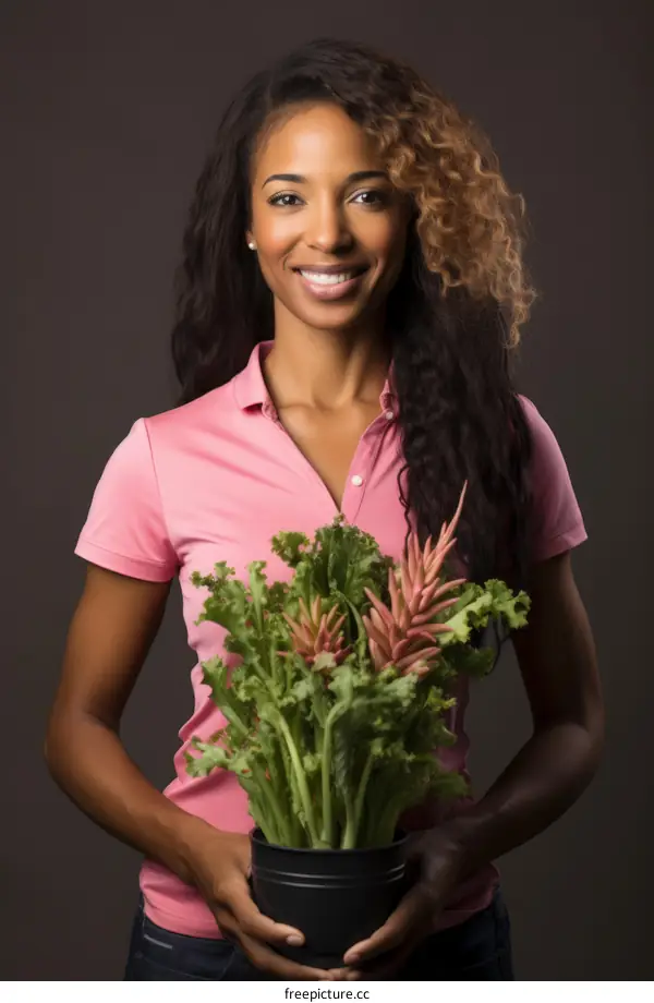 Portrait of a smiling young woman holding a potted plant