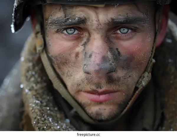 Portrait of a soldier with blue eyes and a dirty face