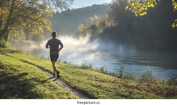 Man Running Along a River in the Fog