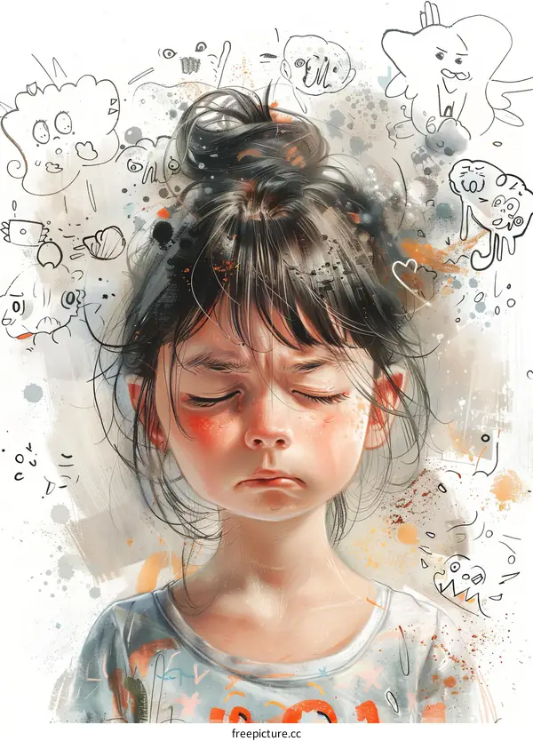 Little girl crying with thought bubbles