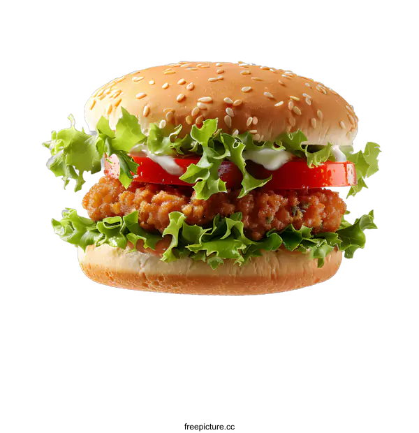 [Transparent Background PNG]A delicious-looking chicken burger with lettuce and tomato.