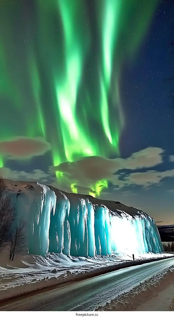 Green Aurora Borealis Over Icy Cliff In Winter