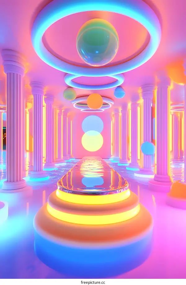 Neon Lights and Columns in a Pink Hallway with a Water Feature
