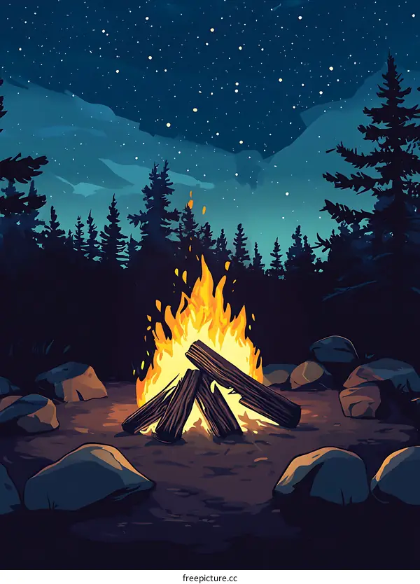 Night Campfire Illustration With Forest And Stars