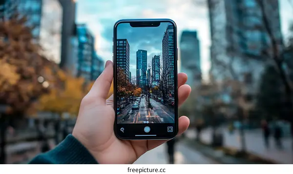Hand Holding a Smartphone with Cityscape Photo