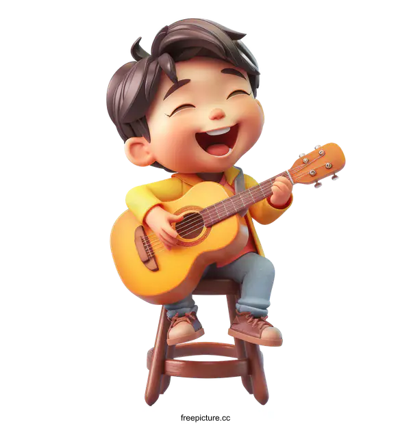 [Transparent Background PNG]3D Illustration of a Boy Playing Guitar