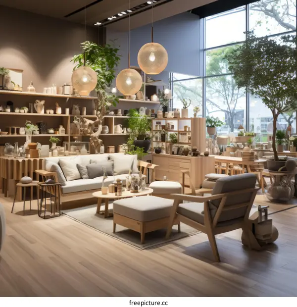 A living room with a large window, a sofa, and a coffee table