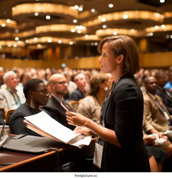 A woman standing in front of a large audience giving a speech