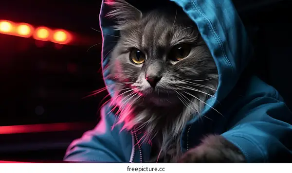A grey cat wearing a blue hoodie is sitting in front of a computer.