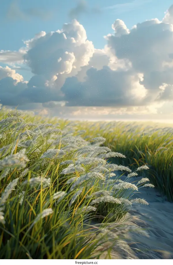 Beautiful Summer Grass Field Under Cloudy Sky