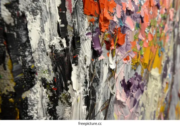 Colorful abstract painting with thick layers of oil paint