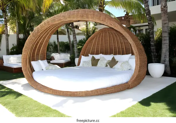 Wicker Outdoor Daybed With Cushions and Pillows Under Palm Trees