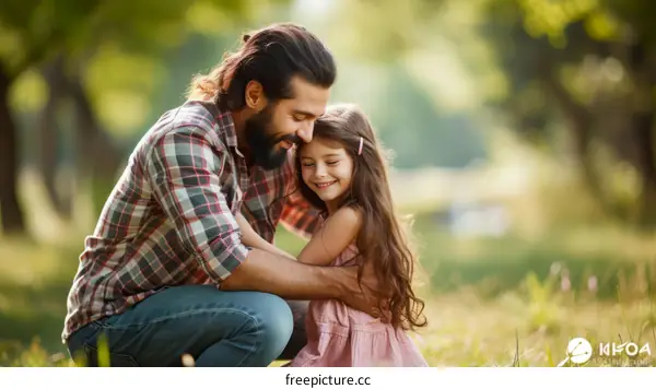 Father and daughter hugging in a field