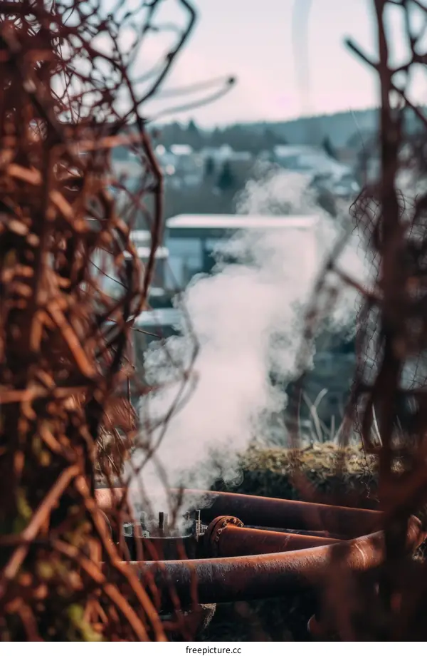 Steam Rising from Pipes in an Industrial Area