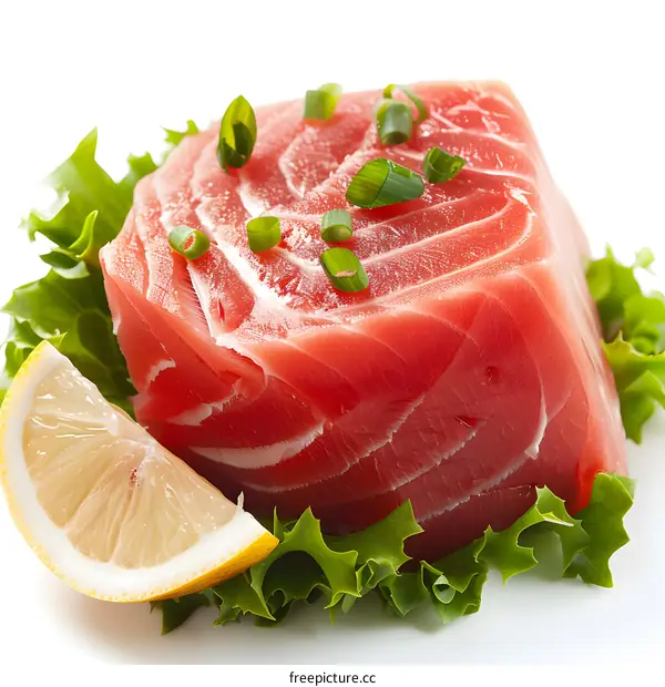 Fresh tuna steak on lettuce leaves with lemon wedge