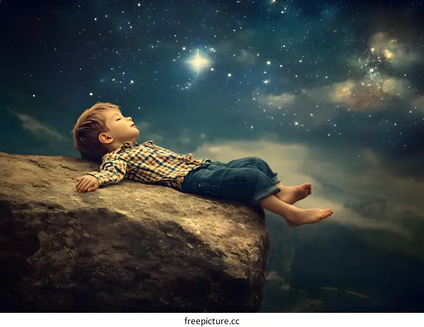 Little Boy Lying on a Rock Looking at the Stars