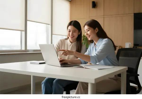 Two young women working together on a laptop in an office
