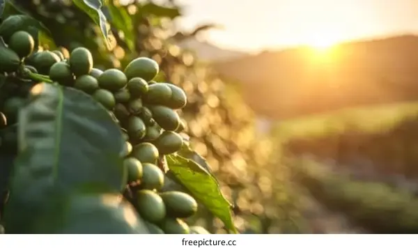 Coffee Beans on the Branch at Sunrise