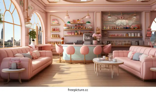pink and white living room interior with large windows and pink furniture