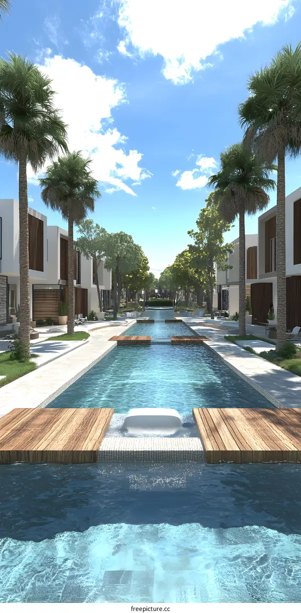 Luxury Resort Swimming Pool with Palm Trees and Modern Buildings