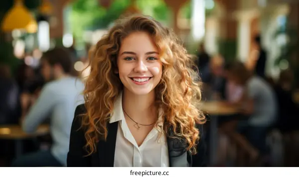 Portrait of a smiling young woman with long red curly hair wearing a white shirt and black suit jacket