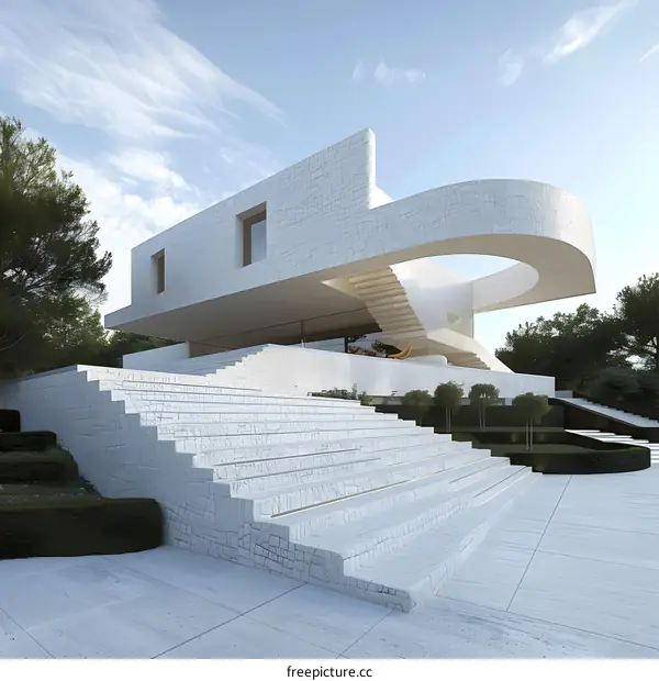 Modern White House With Curved Roof And Stone Steps