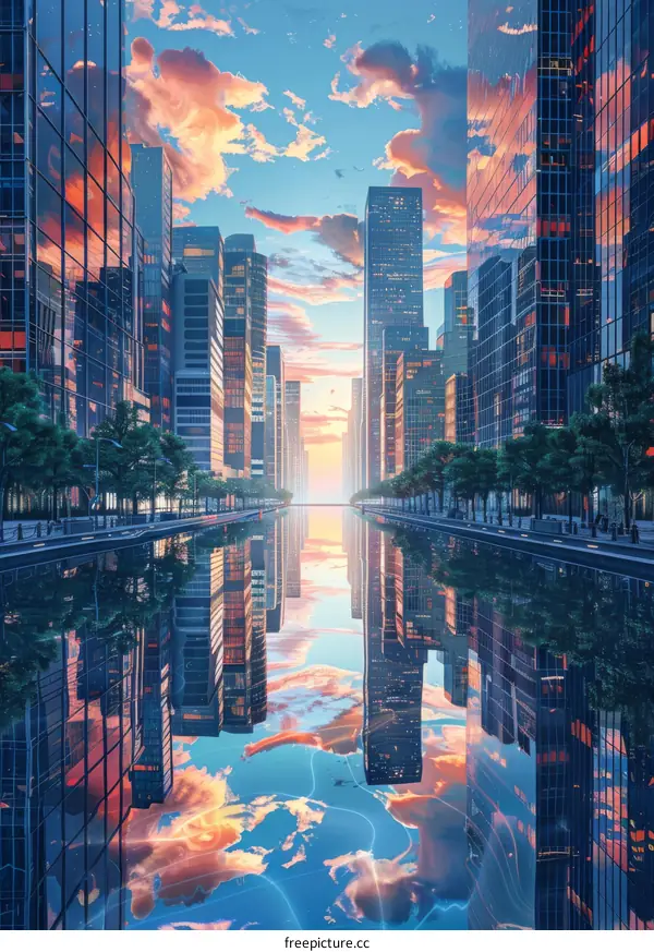 Reflective Cityscape at Sunset