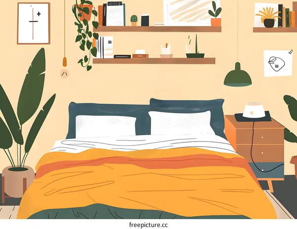 Cozy Bedroom with Yellow Bedding and Plants