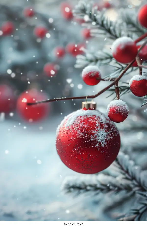 Red Christmas Ornament Hanging on a Snowy Tree Branch
