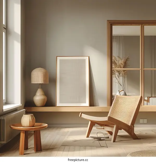 Modern interior design with wood furniture and natural colors