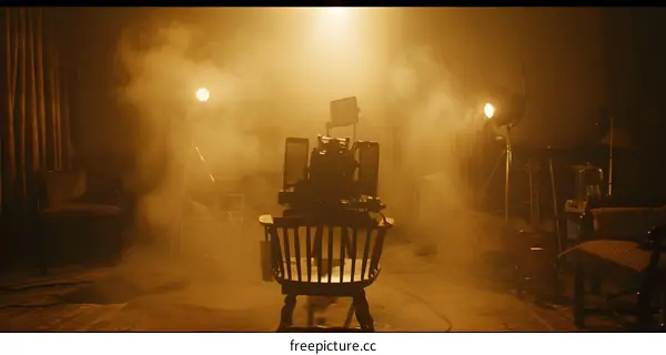 Film Set with Camera on Chair in Hazy Room