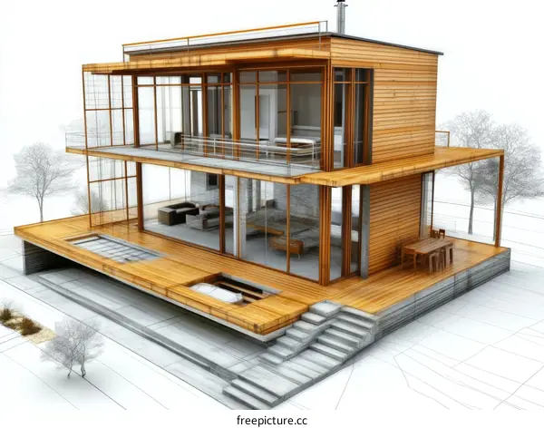 Modern Wooden House Architectural Design Illustration