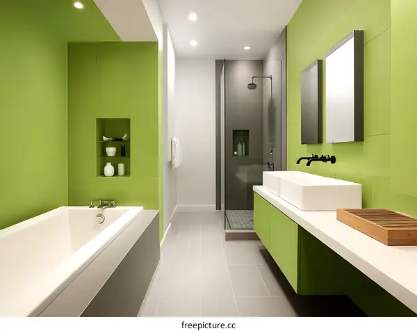 Modern Green Bathroom Interior Design with Bathtub and Vanity