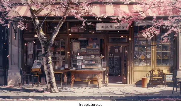 Japanese Restaurant with Cherry Blossoms in Bloom