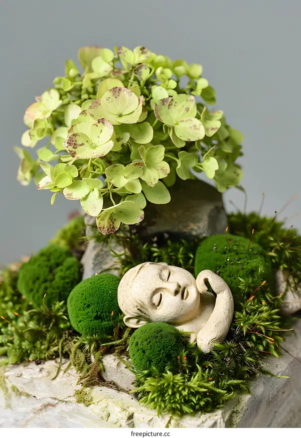 Sleeping Buddha Statue Decorated with Moss and Flowers