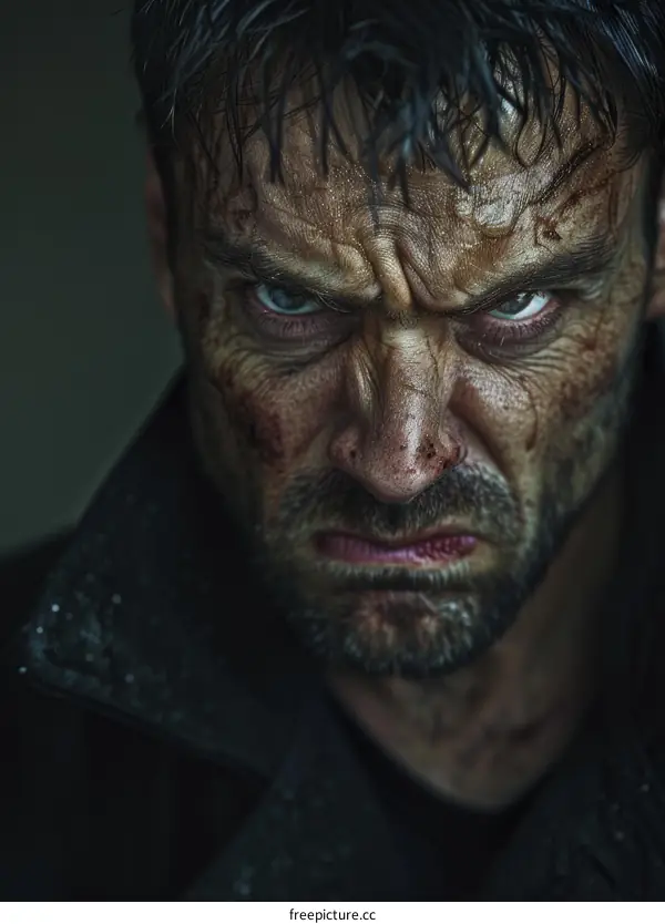 Close Up Portrait of a Man With a Dirty Face Looking Angry