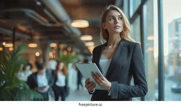A businesswoman looking out the window while holding a tablet