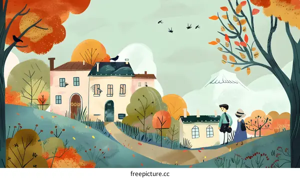 Autumn Illustration of Couple Walking by the Countryside House