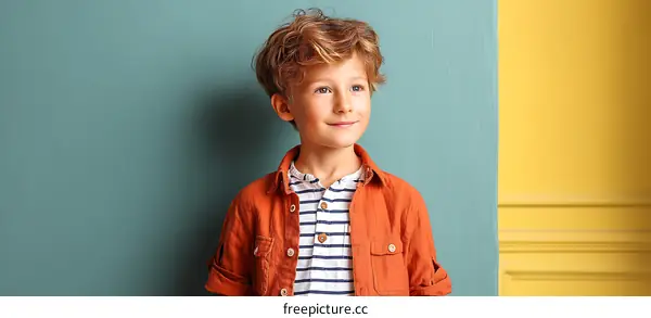 Smiling Boy Posing Against Color Walls