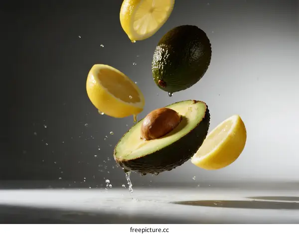Fresh Avocado and Lemon Slices in Mid Air with Water Splashes